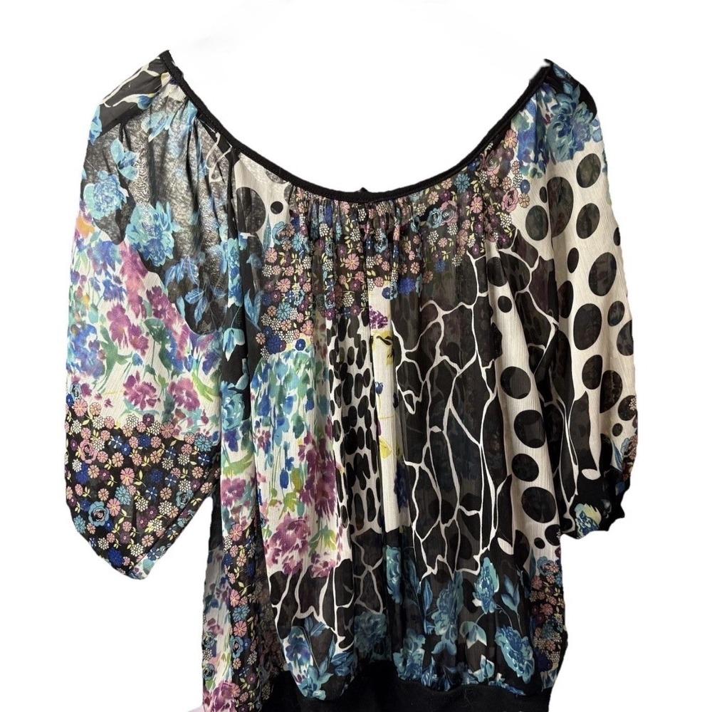 Ultra Pink Women's Medium Blouse Black Floral Animal Print Sheer 3/4 Sleeve Top